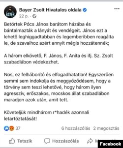 Bayer Zsolt bejegyzése a Facebook oldalán, 2021. augusztus 18-án