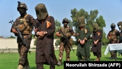 Afghan security personnel escort arrested alleged Taliban and Islamic State militants during an operation in Jalalabad, the capital of eastern Nangarhar province on October 1.