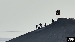Вооруженные мужчины, предположительно боевики ИГ, на горе, на вершине которой водружен флаг ИГ, близ сирийского города Кобани. 7 октября 2014 года.