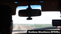 Сайга бежит по дороге впереди машины. Костанайская область, 8 июня 2015 года.