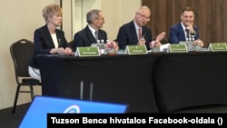 Czine Ágnes alkotmánybíró, Pintér Sándor, Trócsányi László és Tuzson Bence a Magyar Jogász Egylet konferenciáján 2025. április 12-én