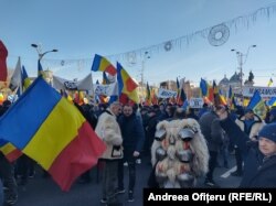 Participanții la protest au steaguri tricolore și pancarte sau sunt îmbrăcați în costume populare.