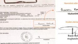 A baloldalon Rusin Roland nevének hamisított aláírása szerepel a közmunkás szerződésen. A jobb oldalon alul pedig Rusin Roland saját kezűleg írt szignója.