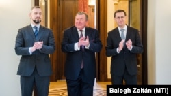  Timur Makszimov orosz pénzügyminiszter-helyettes, Nyikolaj Koszov, a Nemzetközi Beruházási Bank igazgatótanácsának elnöke és Varga Mihály a szovjet alapítású Nemzetközi BEruházási Bank új budapesti széházának avatásán. 2021.02.19.