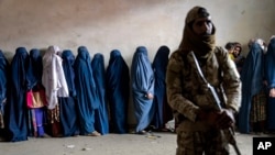 Un luptător taliban păzește în timp ce femei afgane primesc rații de mâncare de la o organizație umanitară, pe 23 mai 2023, la Kabul. 
