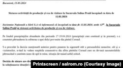 Informarea prin care Salrom anunța închiderea salinei, pe 15 mai 2024, în urma altor infiltrații. Salina avea să fie redeschisă abia peste o lună.