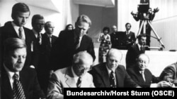 West German Chancellor Helmut Schmidt (left), East German leader Erich Honecker (second left) and US President Gerald Ford attend the historic Conference on Security and Cooperation in Europe in Helsinki in 1975.