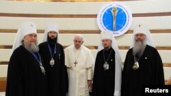 Pope Francis meets with a delegation from the Russian Orthodox Church at the congress in Kazakhstan on September 14.