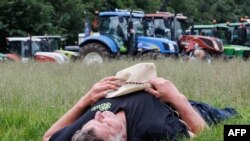 Fáradt gazda a szántóföldön traktorokkal a Gazdák Védelmi Erejének brüsszeli demonstrációján, 2024. június 4-én