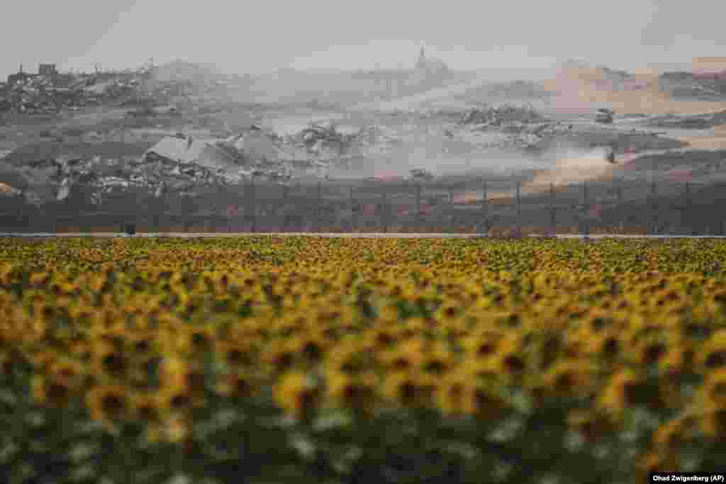 Ndërtesat e shkatërruara në Rripin e Gazës shihen prapa një fushe me lule dielli, në anën izraelite të kufirit me Gazën, më 19 maj.