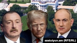 От ляво надясно: президентът на Азербайджан Илхам Алиев, президентът на САЩ Доналд Тръмп, премиерът на Армения Никол Пашинян на фона на Белия дом. Колаж.