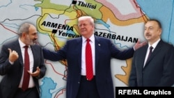 Арменският премиер Никол Пашинян, американският президент Доналд Тръмп и азербайджанският държавен глава Илхам Алиев (от ляво надясно). Колаж: Свободна Европа