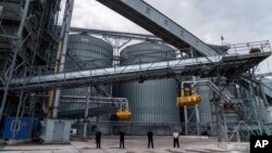 Personalul de securitate stă în fața unui terminal de depozitare a cerealelor din portul ucrainean Odesa, pe 29 iulie 2022