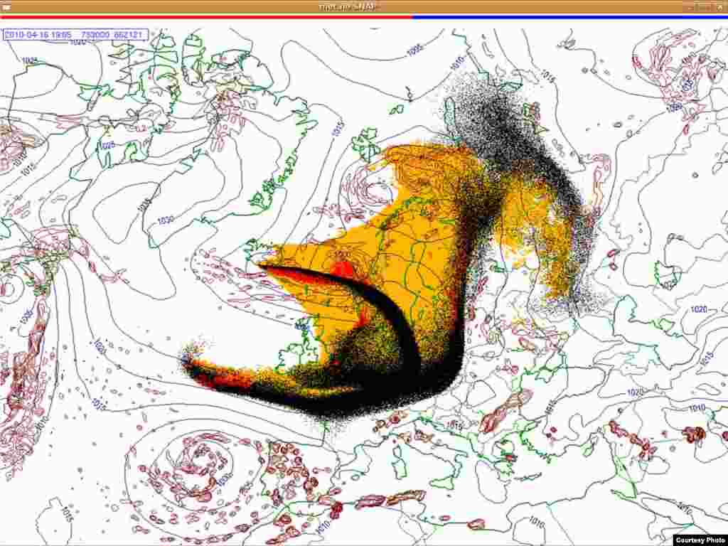 Проектирано движење на исландскиот облак од пепел (16.4. 1900 UTC) - Овие слики покажуваат проекција на движењето на облаците пепел од вулканска ерупција на Исланд низ Европа. Боите на сајтот претставуваат: жолто: пепел што ќе падне сам по себе црвено: пепел што ќе падне од врнежи црна: вистинскиот облак со пепел облак Извор: Норвешки Метеоролошки Институт
