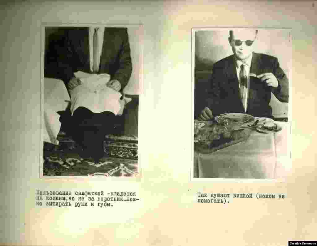 Korištenje salvete &ndash; stavite salvetu na koljena, ne umećite je u kragnu. Možete je koristiti za brisanje ruku i usana. Ovako oni jedu viljuškom (ne pomažite se nožem).