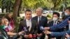 Montenegro -- Montenegrin politicians addressing the media Zdravko Krivokapic (C), Aleksa Becic (L) and Dritan Abazovic (R) in front of the Parliament of Montenegro, in Podgorica, October 8, 2020.