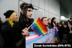 Supporters of the LGBT community in Georgia take part in a rally to mark International Women's Day in Tbilisi on March 8.