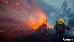 Вятърът развява жарава, докато пожарникар се бори с огъня по време на горските пожари в района на Лос Анджелис, Калифорния, САЩ. 9 януари 2025 г.