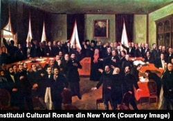 Fotografie a tabloului „Proclamarea Unirii Principatelor” de Theodor Aman, realizat pentru a ilustra alegerea lui Cuza în date de 24 ianuarie 1859 în actualul Palat Patriarhal.