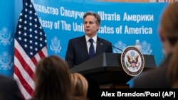 U.S. Secretary of State Antony Blinken speaks to U.S. Embassy staff in Kyiv on January 19: "I strongly, strongly hope that we can keep this on a diplomatic and peaceful path."