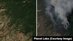 Сателитни снимки показват гората над Илинденци преди (вляво, 21 юли 2025 г.) и по време на пожара (вдясно, 27 юли 2025 г.)