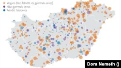 Betöltetlen praxisok Magyarországon idén szeptember elsejétől. A körök mérete a körzetekhez tartozó ellátandókat mutatja.