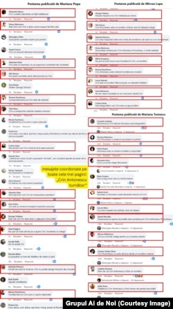 Boți detectați de Grupul Ai de Noi, cu comentarii la postările celor trei pagini false de Facebook.