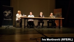 Učesnici tribine "Kultura - čelična metla nacije": Svetlana Lukić, Saša Ilić, Viktor Ivančić i Oliver Frljić