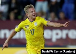 Ukraine's Oleksandr Zinchenko celebrates after scoring the team's second goal in Uherske Hradiste on September 6.