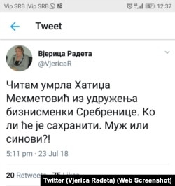 Tvit Vjerice Radete objavljen u ponedeljak 23. jula popodne, sa Tvitera je nestao u utorak tokom dana