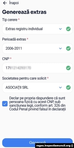 Interfața de pe platforma REGES Online care permite salariaților generarea unui raport privind raporturile de muncă.