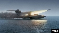 Lun-class ekranoplan during tests on the Caspian Sea in the 1980s.