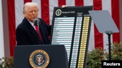 Президентът на САЩ Доналд Тръмп обявява новите мита, 2 април 2025 г.