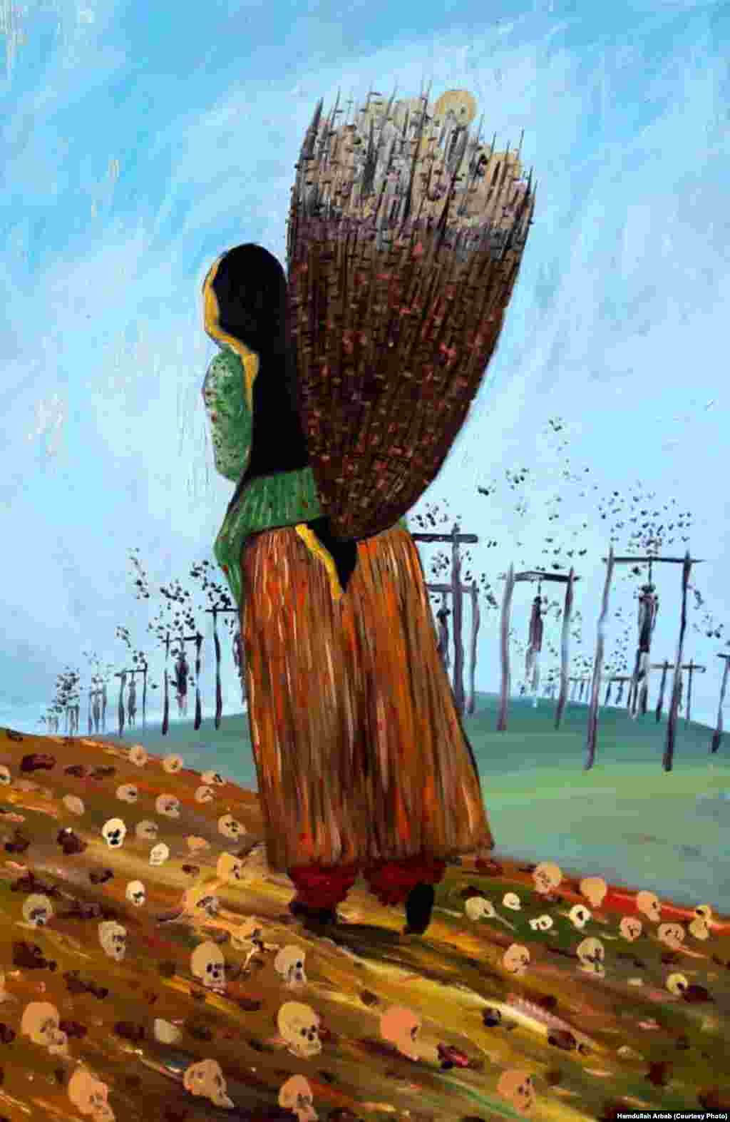 &ldquo;Here I have tried to depict what an Afghan mother goes through,&rdquo; Arbab says of the painting that attempts to capture the pain of millions of Afghan mothers who have struggled with death, destruction, displacement, and separation caused by more than four decades of fighting.