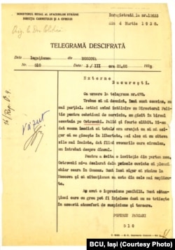 Telegrama Ambasadei României de la Moscova privind acuzarea lui M.Ostrovski