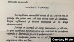 Scrisoare de felicitare primita de generalu Radu Theodoru de la ministrul Apărării