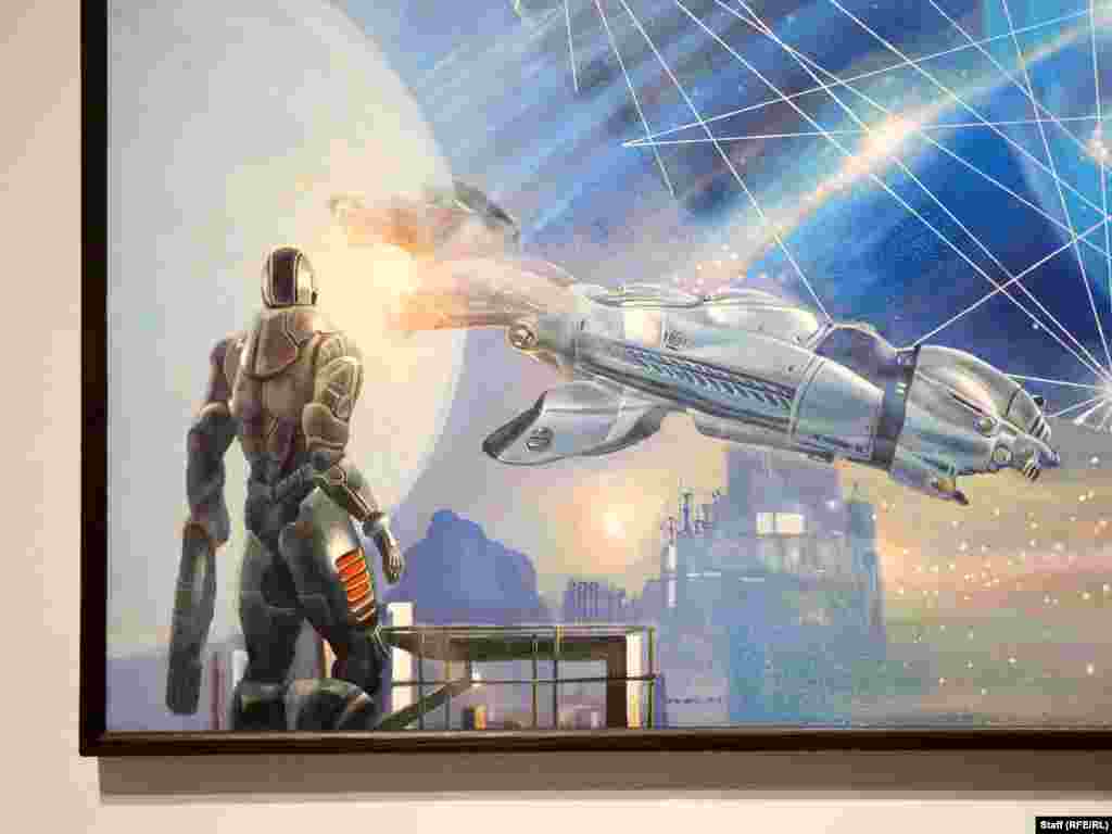 Детайл от картина от 2017 г., изобразяваща бъдещето на Узбекистан както го е видял художник, нает от правителството.