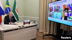 Președintele rus Vladimir Putin participă la cel de-al 14-lea Summit BRICS în format virtual, prin legătură video, în regiunea Moscova, Rusia 23 iunie 2022
