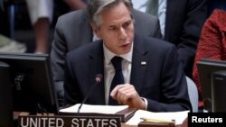 Државниот секретар на САД, Ентони Блинкен зборува на состанокот за конфликтот меѓу Израел и палестинската исламистичка група Хамас во седиштето на ОН во Њујорк, САД, 24 октомври 2023 година. 