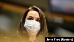 Szvjatlana Cihanouszkaja a Szaharov díjátadó gálán 2020. december 16-án Brüsszelben.