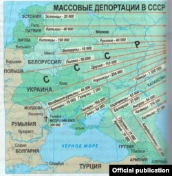 O hartă a deportărilor... (cf. Istoria românilor și universală, clasa a 9-a, Cartier, Chișinău, 2014, p. 86