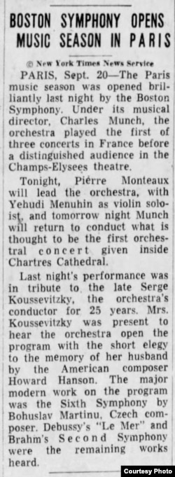 Articol din New York Times despre turneul BSO la Paris și Yehudi Menuhin