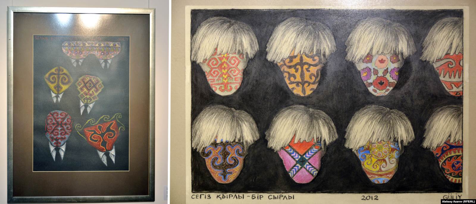 Работы художника Шамиля Гулиева "Белые воротнички" (слева) и "Семь граней - суть одна" в галерее Artmeken, Алматы.