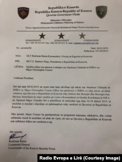 Letra e komandantit të FSK-së, dërguar presidentit Hashim Thaçi
