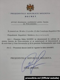 Указ президента Молдовы о кандидатуре премьера