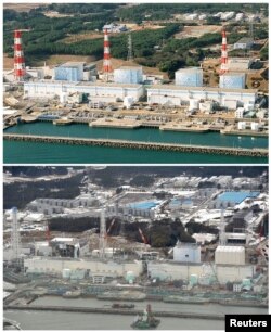 Атомная электростанция в префектуре Фукусима в декабре 2000 года (вверху) и 26 февраля 2012 года.