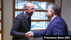 Charles Michel, az Európai Tanács elnöke és Orbán Viktor miniszterelnök brüsszeli találkozója 2020. február 3-án.