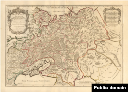 Карта Московии с линейной окраской, напечатанная Юбером Жайо в конце 16 века (это издание 1717 года). Даже после поражения освободительных сил гетмана Ивана Мазепы, на европейских картах Украина не является частью Московии