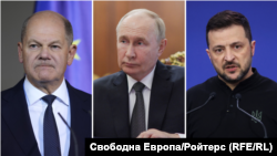 Германският канцлер Олаф Шолц, руският президент Владимир Путин и президентът на Украйна Володимир Зеленски. Колаж.