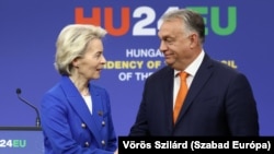 Ursula von der Leyen, az Európai Bizottság elnöke és Orbán Viktor miniszterelnök Budapesten, az uniós vezetők informális találkozóján, 2024. november 8-án